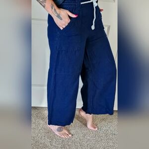 Navy Wide-Leg Pants with Drawstring - SMALL